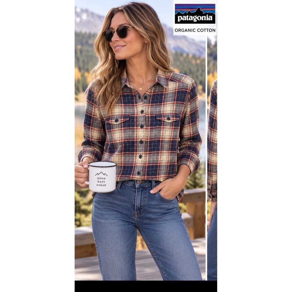 Patagonia Navy Red Yellow Plaid Organic Cotton Flannel Shirt Long Sleeve S Wmns